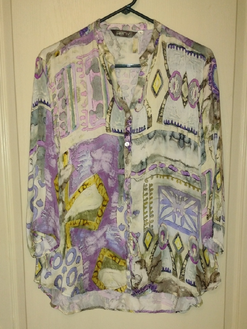 Pony Purple, Cream and Yellow Abstract Sheer Button-Up